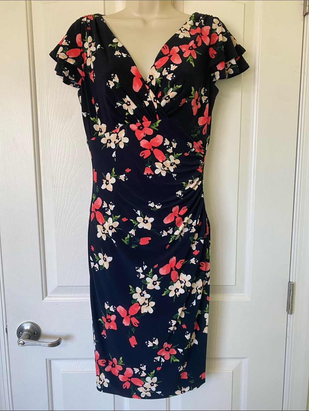 Ralph Lauren Navy Midi Dress with Coral and White Floral Print